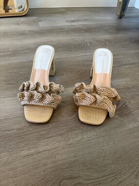 Beige Ruffled Crochet Block Heel Sandals